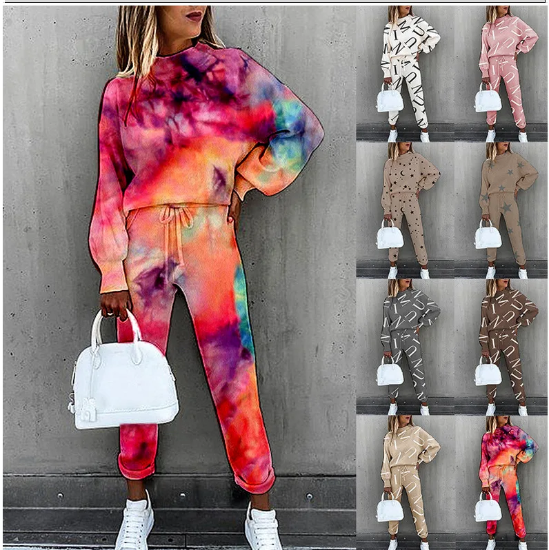 

2021 new arrival European and American womens fashion tie dye printing high neck long sleeve fashion casual two piece pants set