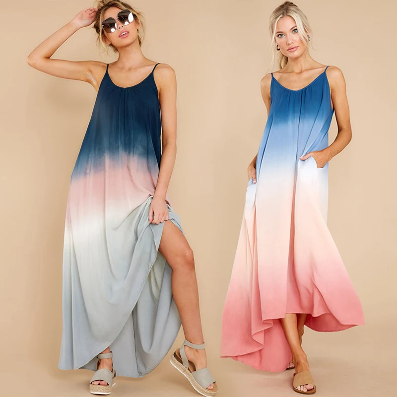 

Hot Sale Summer Sleeveless Tie Dye Bohemia Beach Women Long Maxi Casual Dresses, Shown