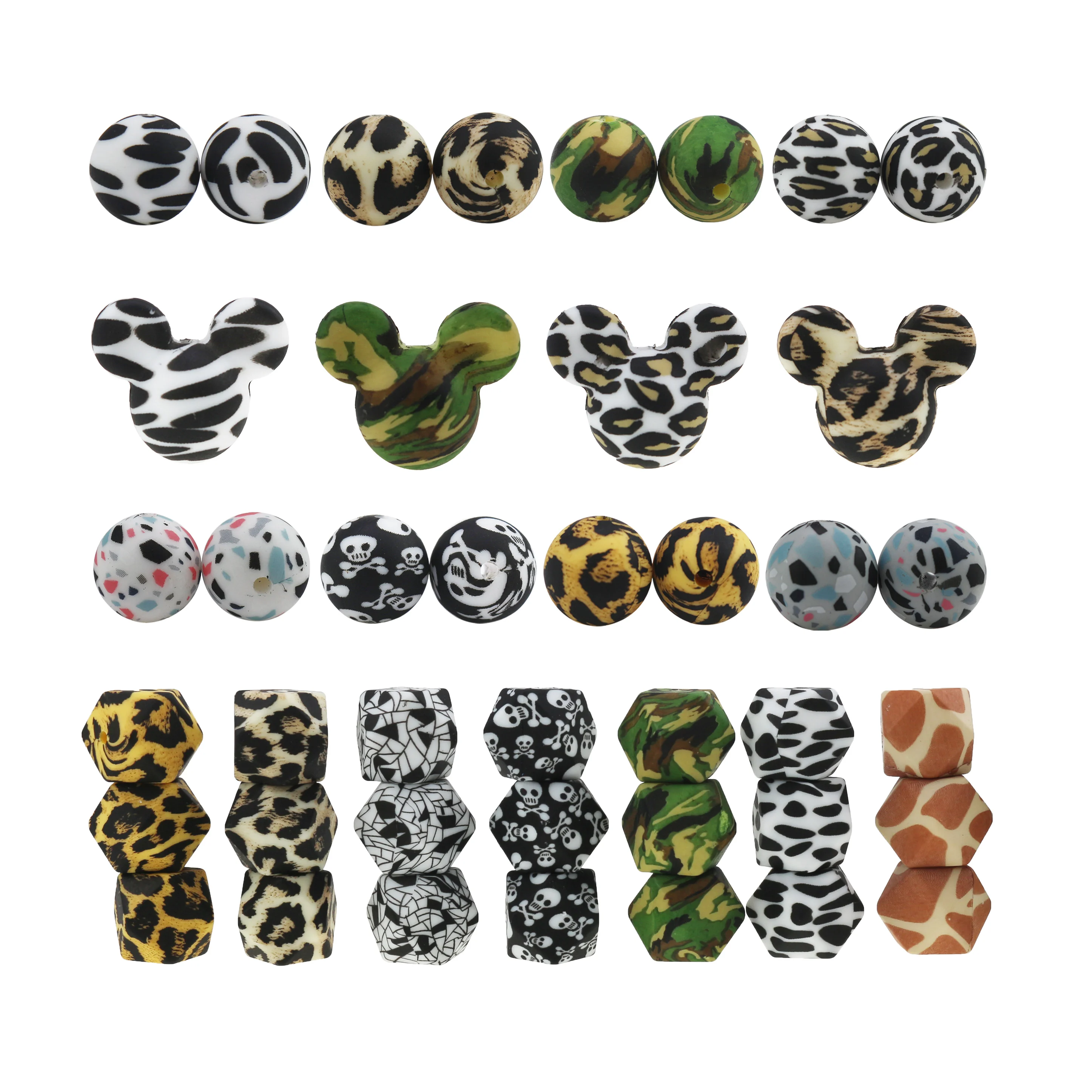 

Wholesale Food Grade BPA Free 15MM Round Mickey Hexagon Baby Teether Loose Leopard print silicone beads