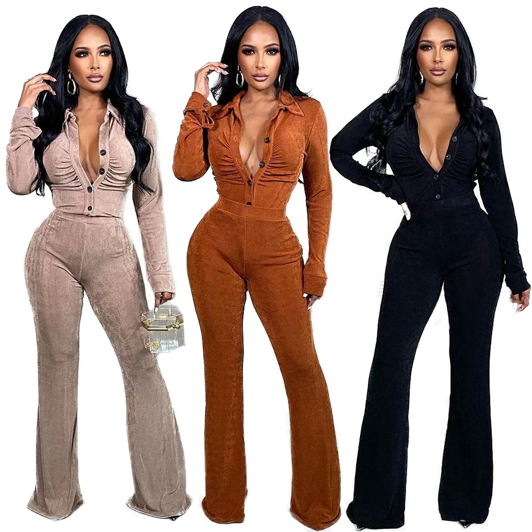 

New Matching Arrivals Women Top Shirts and Pants Set Long Sleeve 2022 Pant Set Flare 2 Piece Wide Leg Pants Set