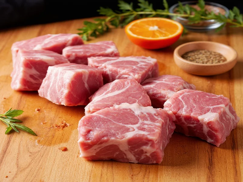 Fresh pork shoulder cubes with spices on wooden cutting board