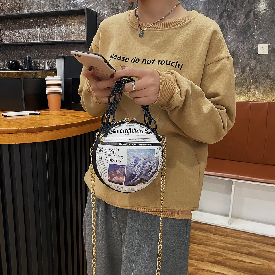 

Newspaper Print basketball handbags for women Round Bag stylish handbags chain handbag
