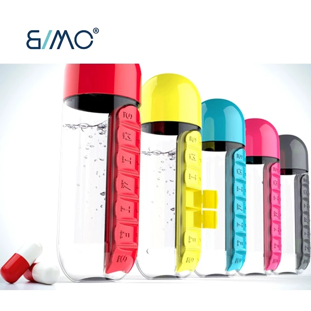 

Hot Sell 600ml Sports Plastic Water Bottle Leak Proof Bottle Tumbler Outdoor Combine Daily Pill Boxes Organizer Drinking Bottles