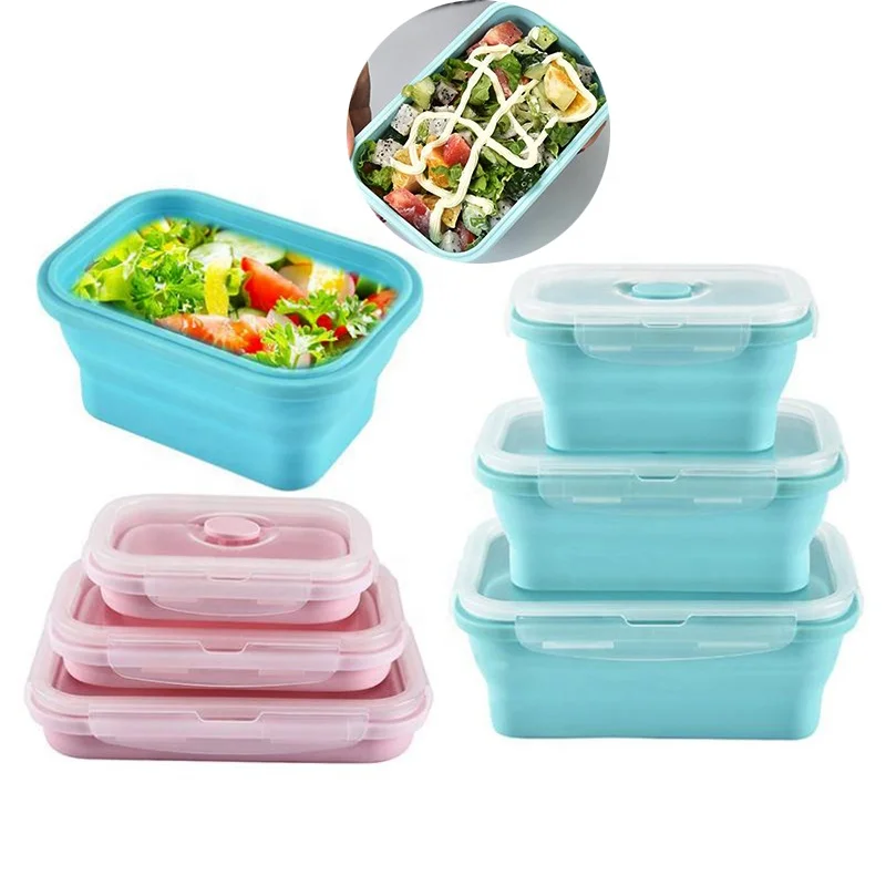 

Food grade 4 pcs silicone box collaps lunch silicon, hot sales microwaveable silicone collapsable snack containers collapsible, According to pantone color