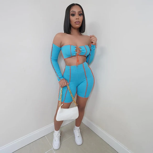 

Sexy Strapless Tie-Wrap 2 Piece Cropped Top With Short Pants Set Cut Out Lace-Up Side Out Two Pieces Outfit Casual Sport Wear -S, Gray,black,blue