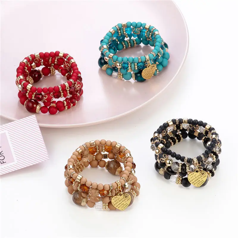 

Factory Wholesale Fashion bohemian national style peach heart beaded multilayer natural stone bracelet, As pic