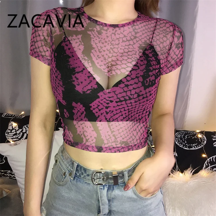

ZACAVIA 2021 New Sexy See-through Mesh Ladies Blouse Fashion Snake Print Blouse Midriff-baring Hollow T-shirt, Photo color
