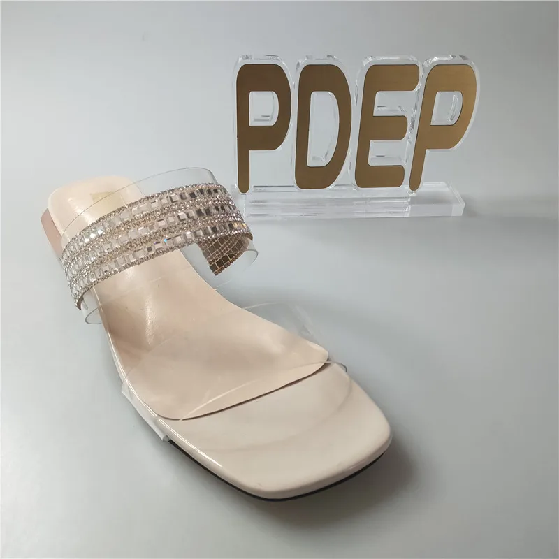 

PDEP Slipper Woman New Summer rhinestone slippers ladies fashion crystal heel shoes women heels pumps, White