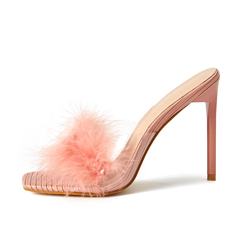 

Escarpins Talons Haut Fluffy Slippers 2021 Stiletto Heel Mules Sexy Sandals Fur Heels for Women, Pink, black, white