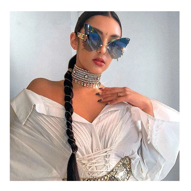 

2021 New big butterfly sunglasses women rimless oversized arrival shaped metal carved temple Rimless Shades ladyparty sunglasses, 9 colors