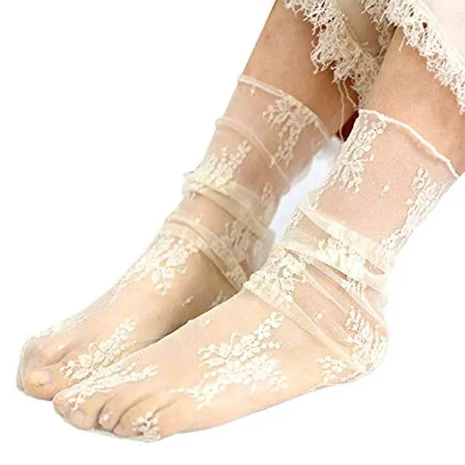 

New thin fashion flowers breathable fairy mesh socks ladies long tube lace wedding lace girl socks, Black