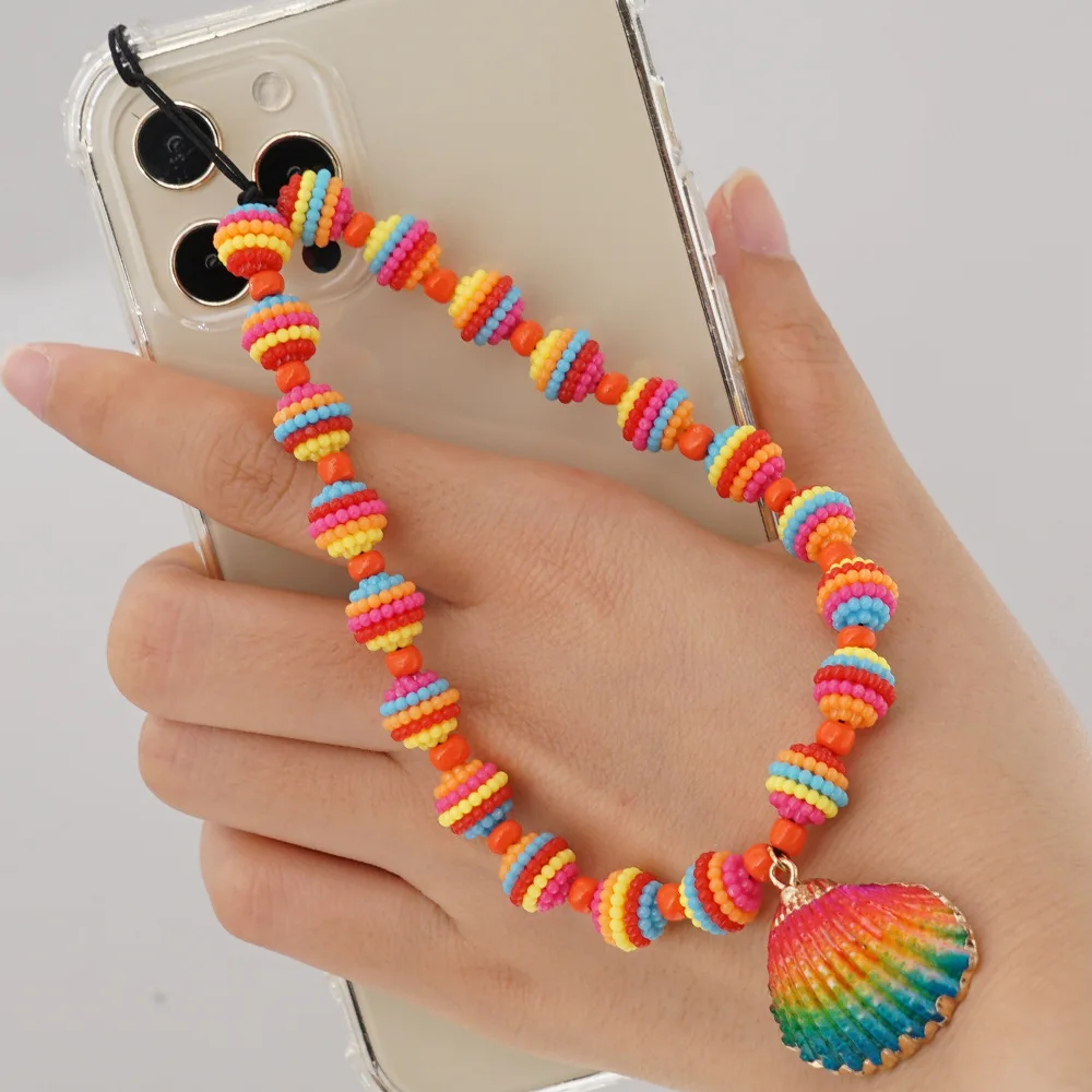 

Dvacaman Boho Handmade Mobile Chain Holder Rainbow Colorful Beaded Phone Strap Charm Shell Serape Anti-lost Wrist Phone Chain