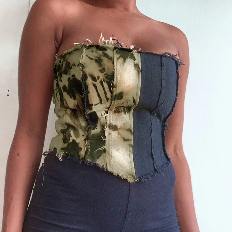 

2021 Autumn New Style Tie-dye Stitching Contrast Denim Tube Top Sexy Small Vest