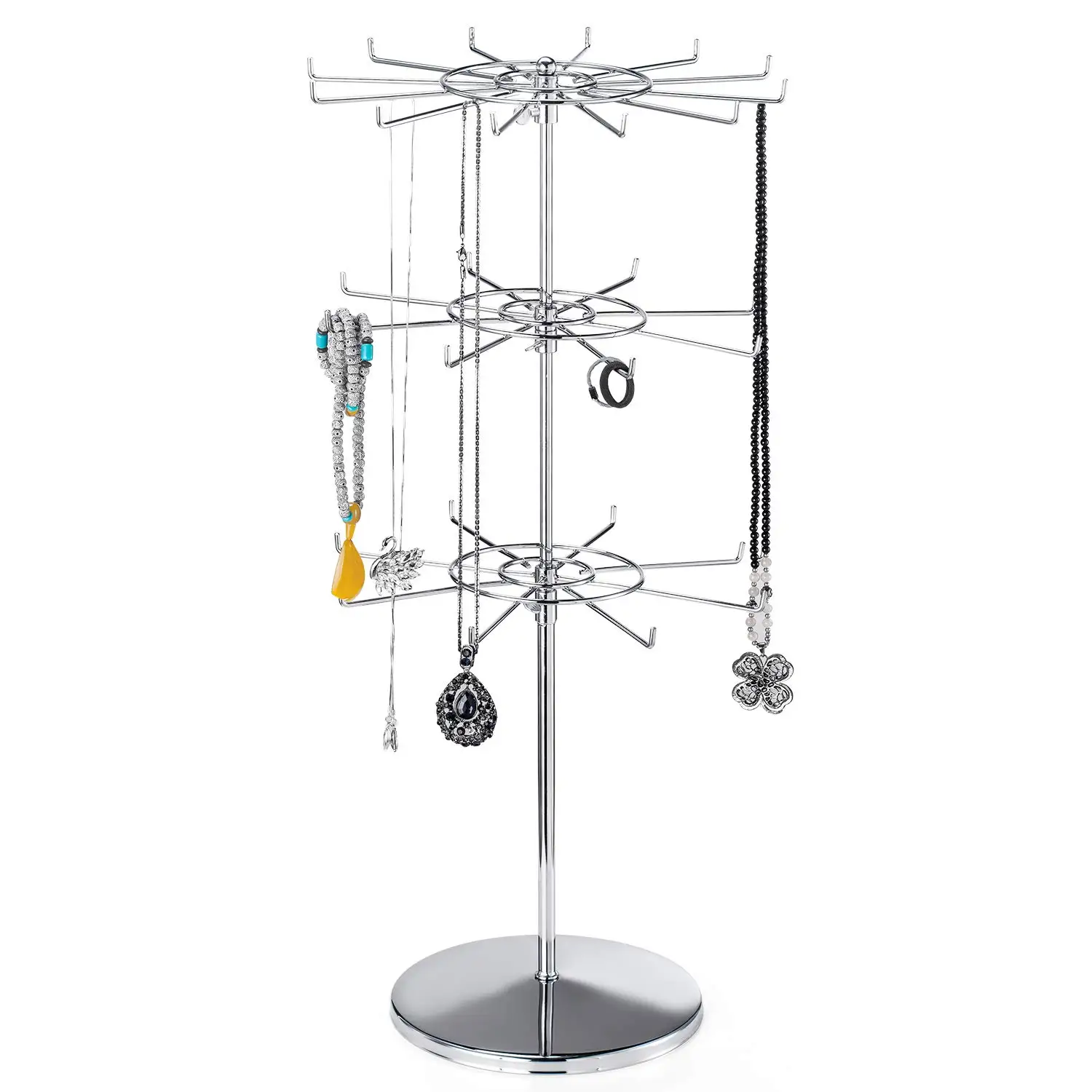 

Jewelry Display Stand 3 Tier Thicken Counter Top Spinner Rack Silver Metal Rotating Display Stand for Malls,Retail Store