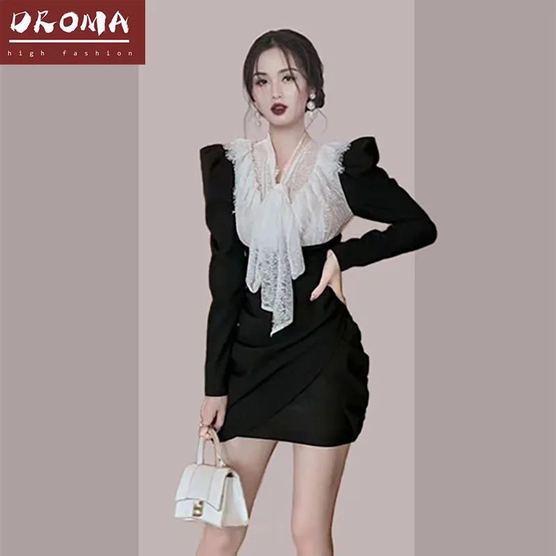 

Droma 2022 new arrival high fashion elegant bow tie neck long sleeves lace mini french style dress sexy for women, Picture color