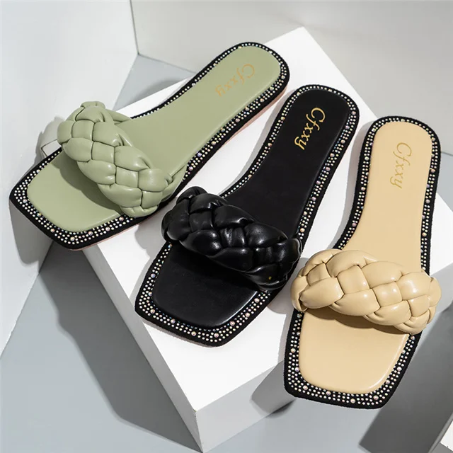 

2021 Women Latest Three-color Woven Casual Flat-bottom Square Head Diamond-studded Women's Slides Slippers, Different colors and support to customized