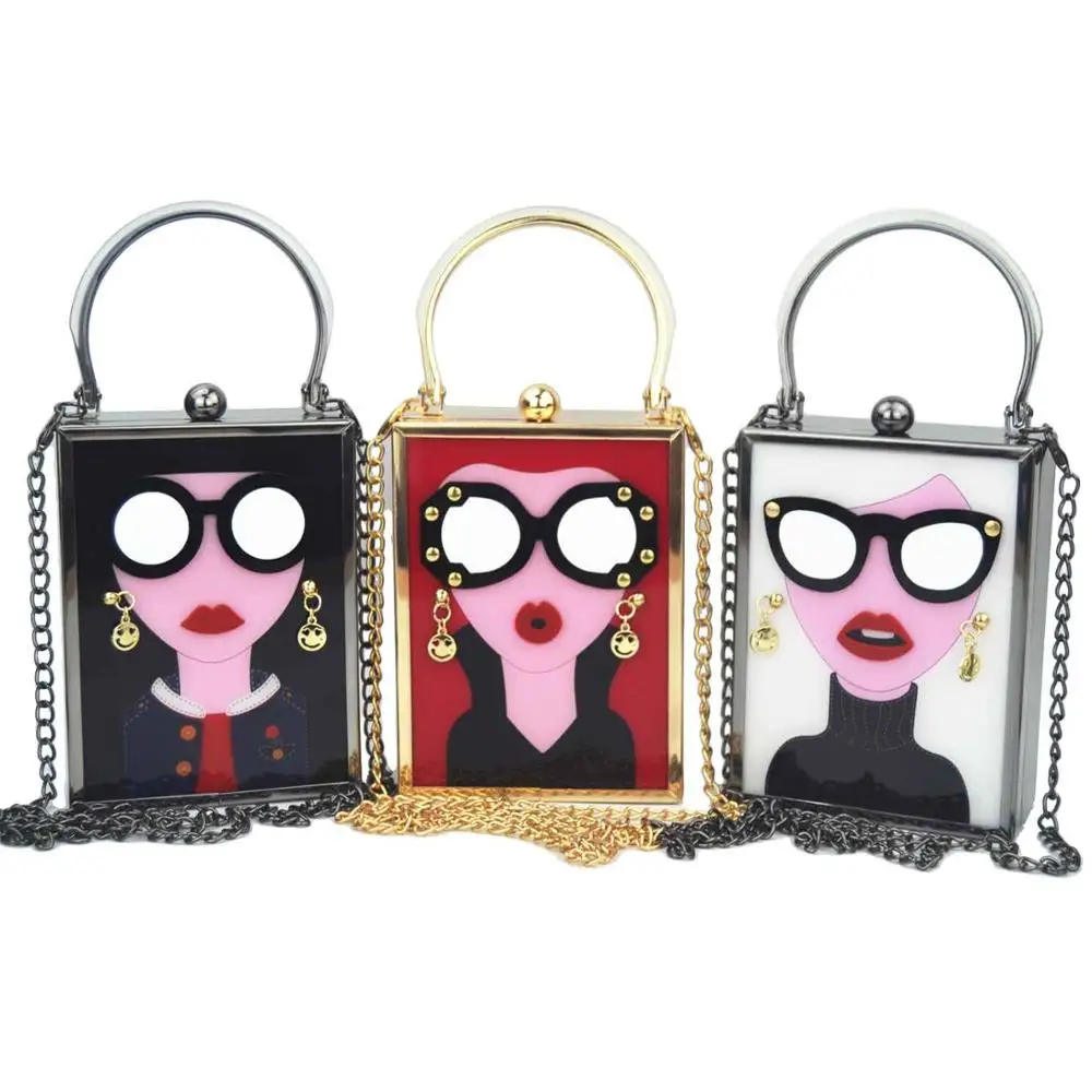 

Luxury White Acrylic Evening Bag Women Funny Cute HandBags Glasses Girls Chain Clutch Vintage Red Mini Party Purse