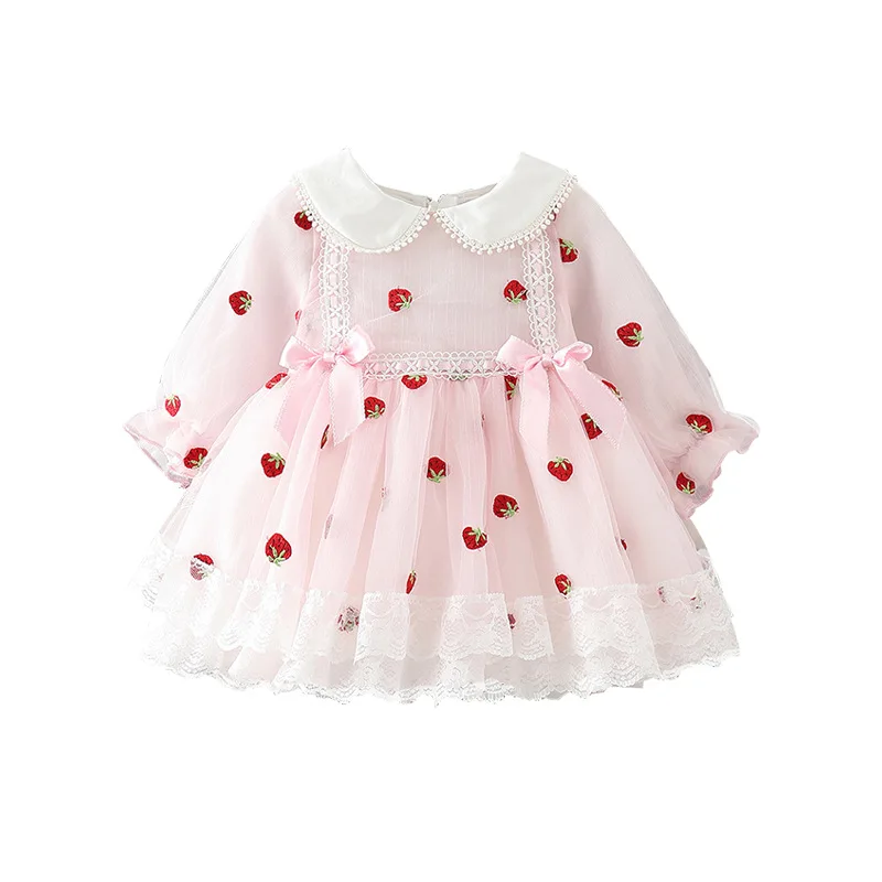 

hmm19159 spring infant girls tulle dresses embroidery lace ruffles baby girls Lolita dress clothing set pink strawberry