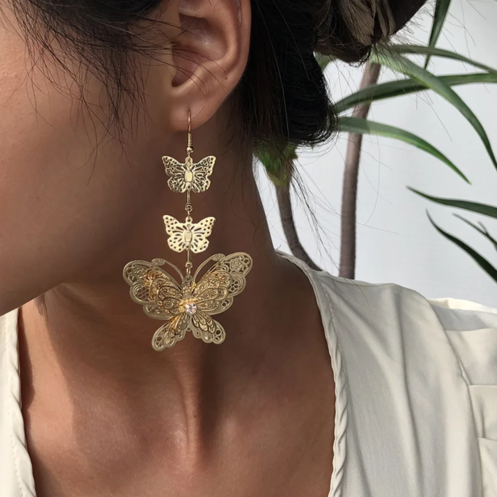 

Kaimei 2021 New Fashion European trend personality earrings Long butterfly exaggerated three-layer butterfly gold earrings, Many colors fyi