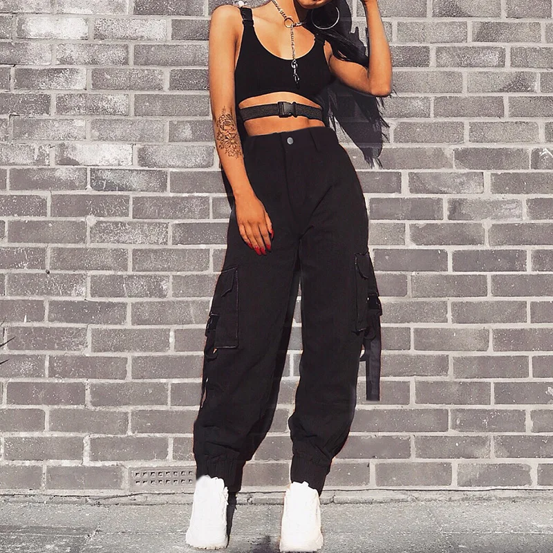 

Black High Waist Cargo Pants Women Pockets Patchwork Loose Streetwear Pencil Pants Hop Women's Trousers, Black, khaki