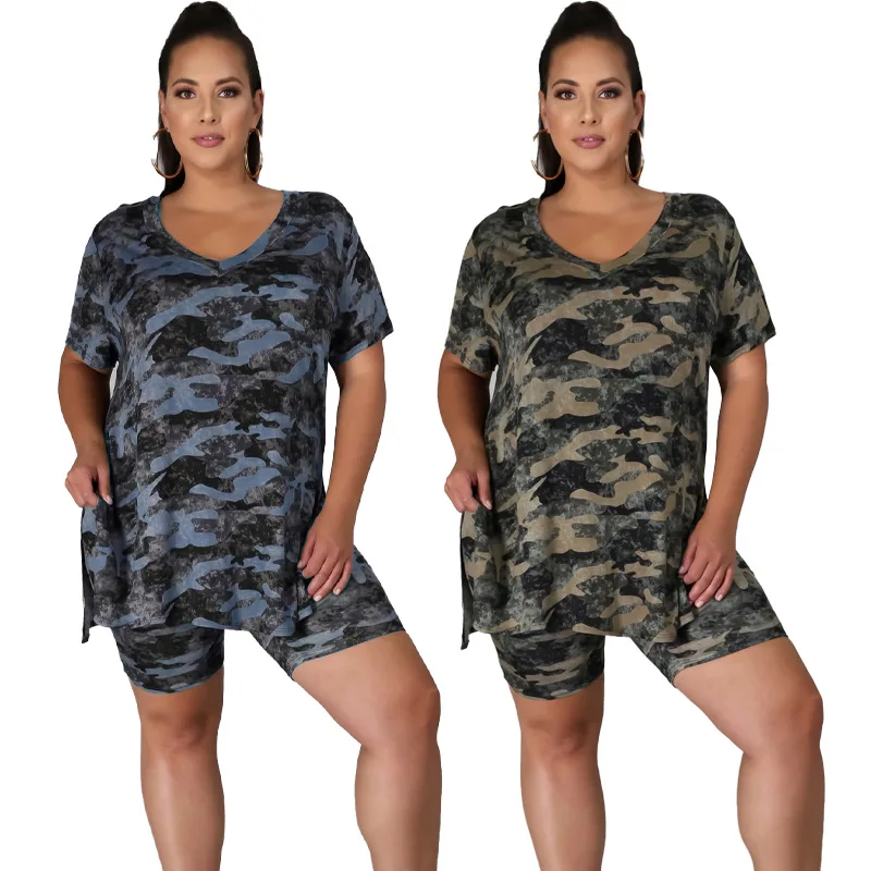 

2021 women New Summer Printed Loose Slit plus Size strendy Casual shorts Suit two piece stock, 2 colors