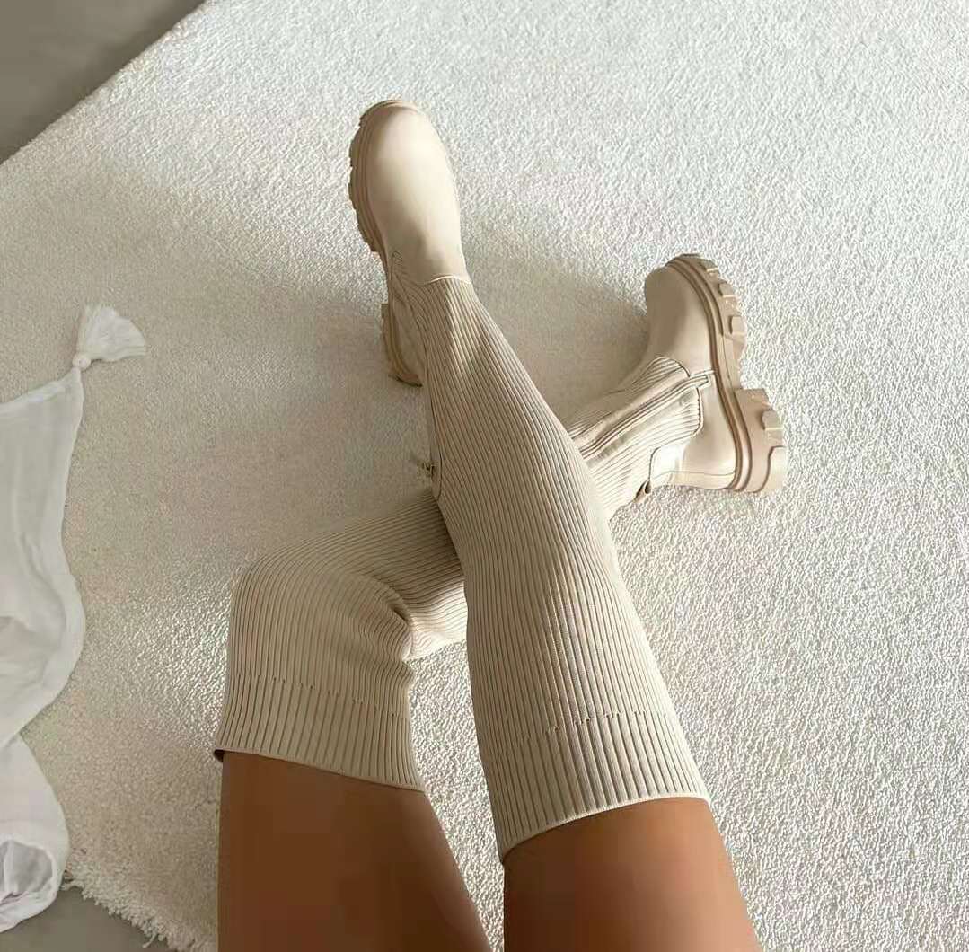 

2021 Winter Over The Knee Women Boots Stretch Fabrics High Heel knitted sweater Pointed Toe Woman Zipper Long Boots Size 34-43