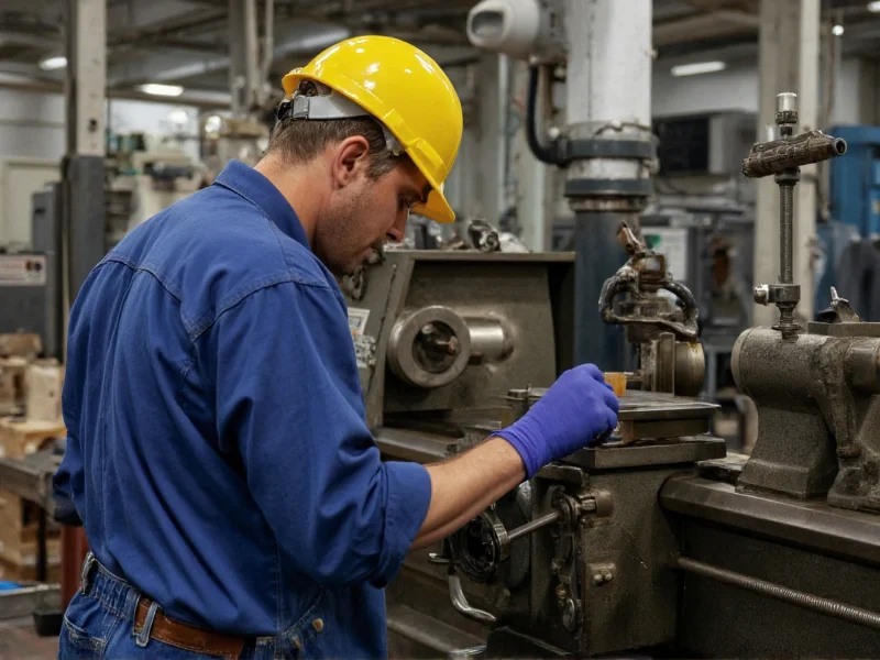 Machinist wearing proper safety equipment while operating lathe