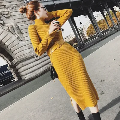 

2021 Fall Winter Fashion Casual Mid-Length Solid Color Belt dresses Women's Long Sleeve Knitted High Neck Split Dress