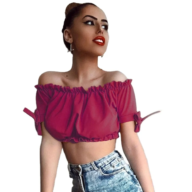 

Wholesale Summer Pure Color Stretch Streetwear Vest One Word Collar Holiday Bow Crop Tops Chiffon Tube Top, 7 colors