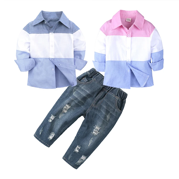 

Long sleeve stripe shirt jeans two piece set clothes fall boutique kids baby boy clothing