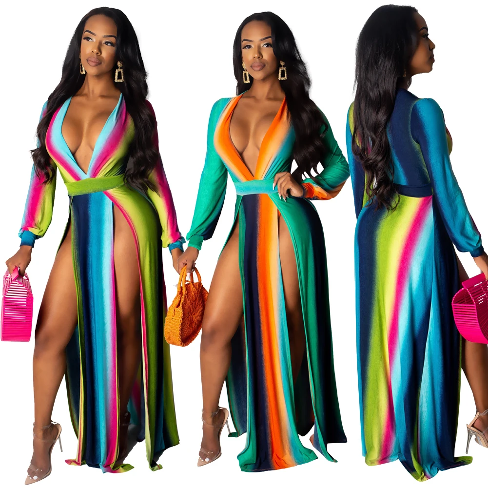 

Hot Sale Ladies Deep V Neck Long Sleeve Floral Print Dresses High Side Slit Stripe Women Sexy Long Rainbow Maxi Dress, Picture color