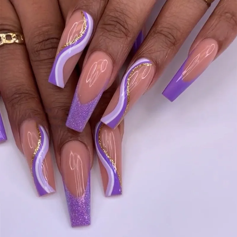

Easy to Apply Long Shiny Purple Graphic Tech Fake Nails Nail Art With Custom Box Press on Nails