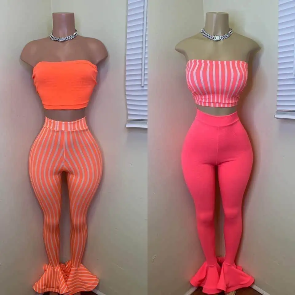 

2020 Hot Sell Crop Tops bustier With Bell Pants Sets Women's High waist Pants legging printed striped Two PIece Sets Outfits, Roseo orange