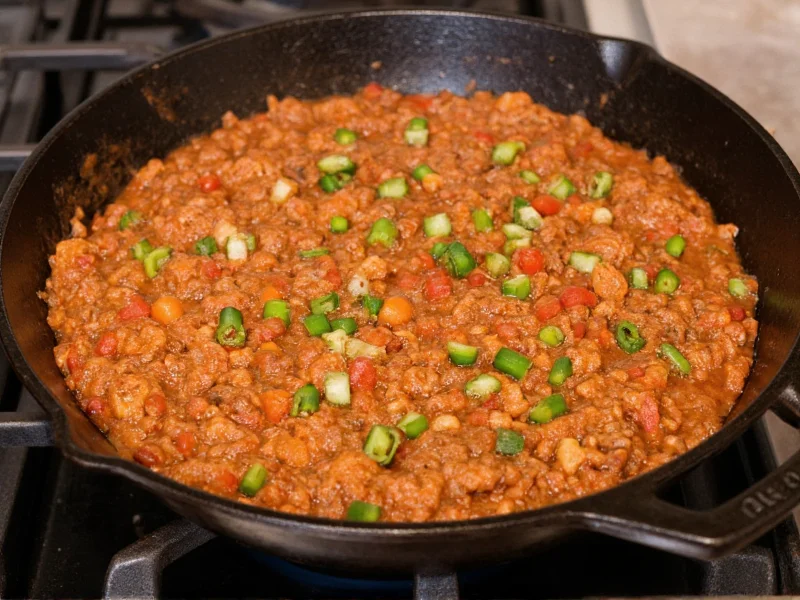 Simmering sloppy joe mixture in cast iron skillet with fresh ingredients