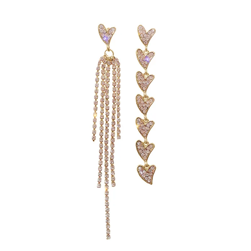 

Wedding 925 Silver Needle 18K Gold Plated Shiny Diamond Heart String Earrings Long Tassel Crystal Heart Drop Earrings