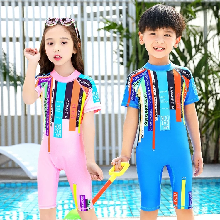 

One Pieces Printed Sun-proof Short Sleeve Boys And Girls Surfing Clothing Swimsuit, Customized colors