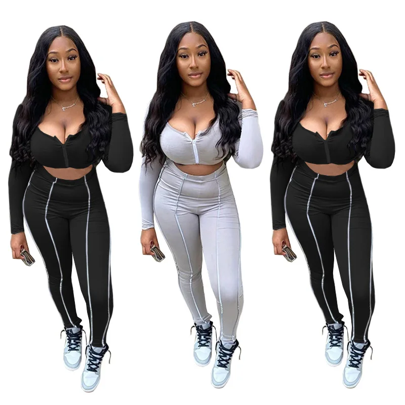 

Solid Color Conjuntos Black Long Sleeve Two Piece Pants Winter Casual Dos Piezas Crop Top Set Women Sexy, Picture color