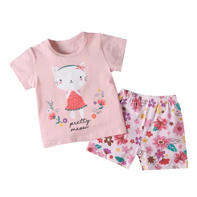 

Cartoon Printed Cotton Girls Sleepwear 2 Pieces Per Set Pink Color Short Tops+Short Pants Kids Sleepwear Pajama Sets