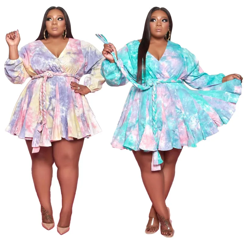 

Aipa 21086 Printed V-neck sexy woven big skirt with belt plus size women's dress