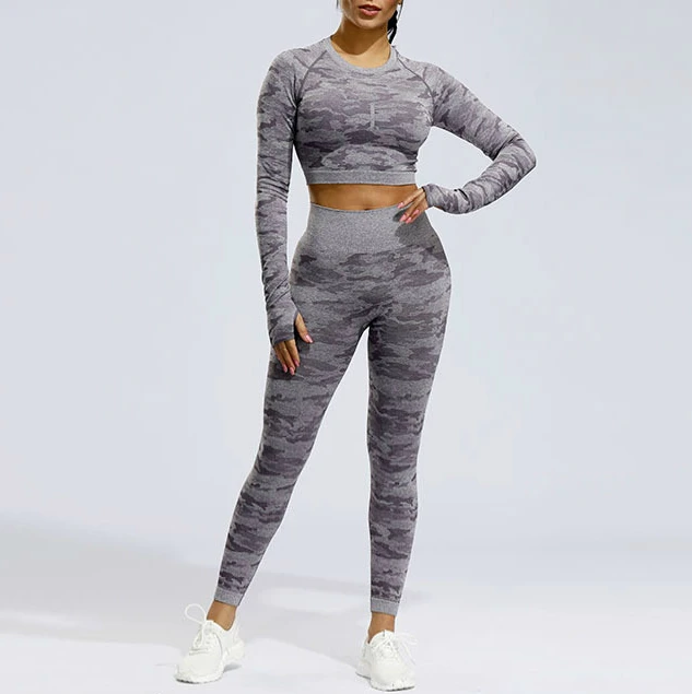 

Long Sleeve Sports Camouflage Fashion Workout Yoga Pants Set Fitness Seamless Yoga Set, Purple,green,black,grey,dark red