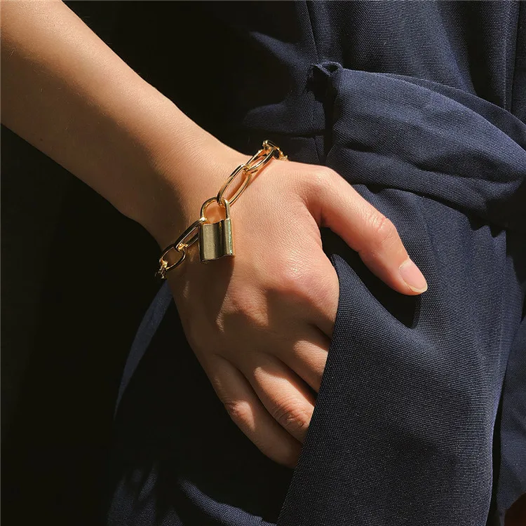 

Gold Silver Plated Alloy Lock Bracelet Wide Link Chain Bracelet
