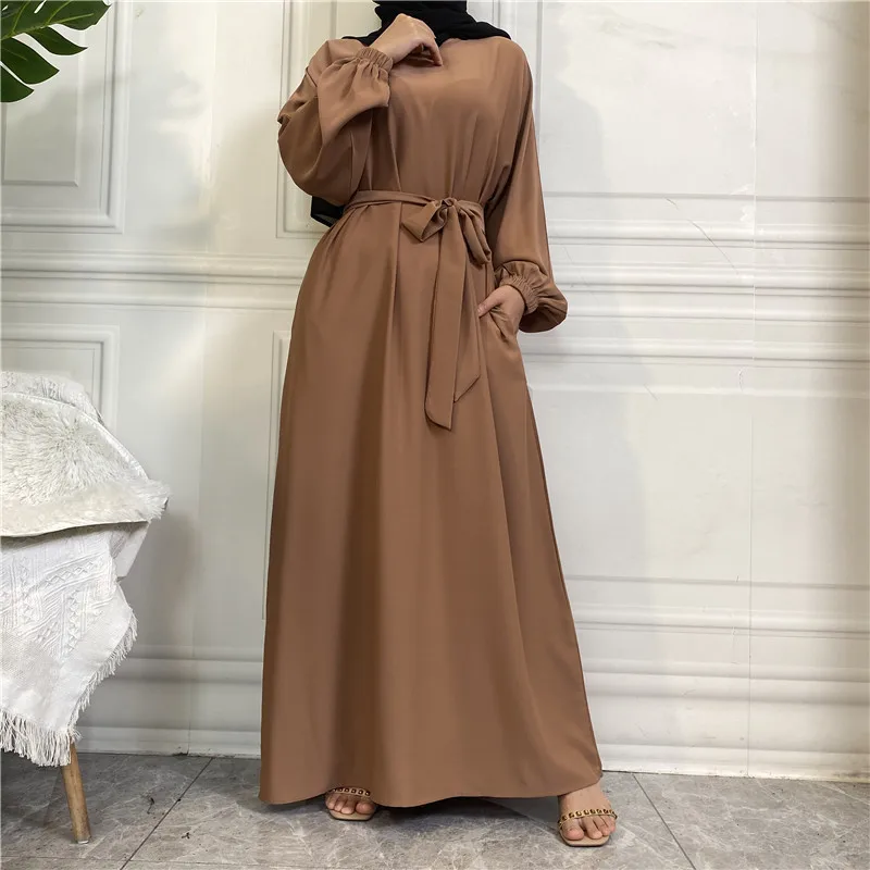 14 Colors Islamic Clothing Muslim Modest Maxi Dress With Side Pockets Slim Sleeves Elastic Cuff Solid Closed Nida Abaya