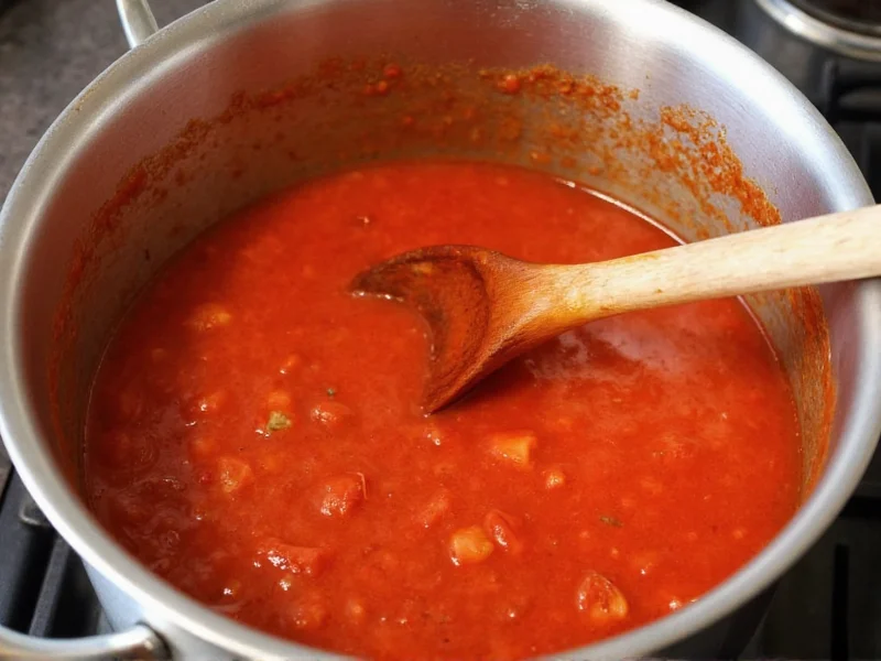 Simmering tomato sauce in stainless steel pot with wooden spoon