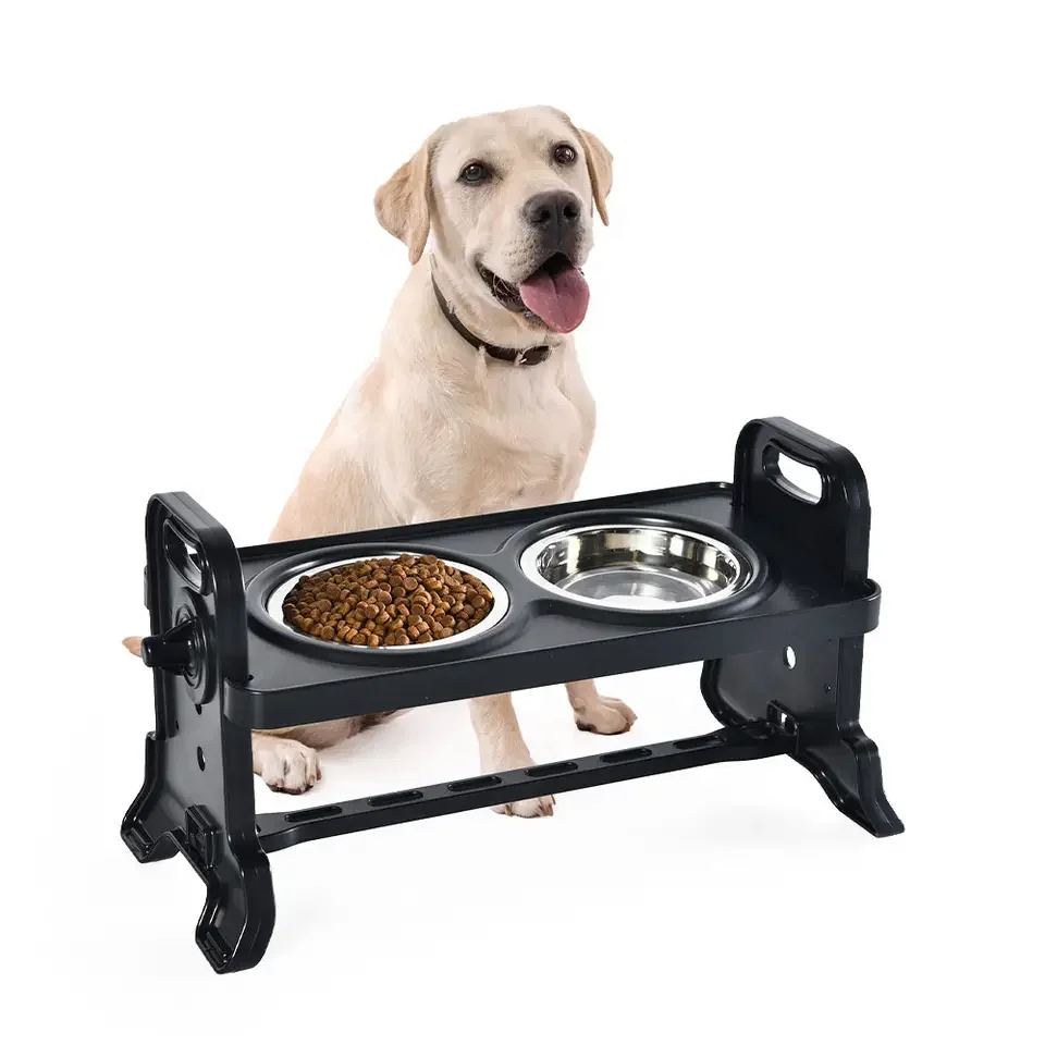 

Wholesale Three Height Settings Elevated Non-Slip Pet Double Bowls ABS Raised Dog Bowl Stand with 2 Stainless Steel Bowls