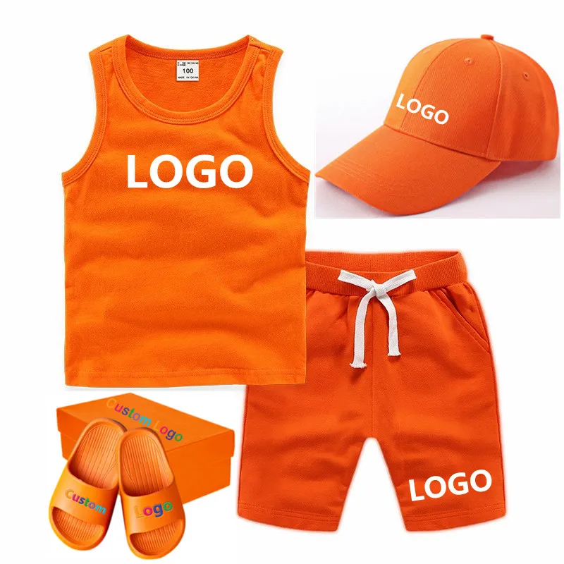 

Children's clothing boys summer sports and leisure vest solid color custom logo T-shirt vest shorts girls suit 2-piece set, 1-13