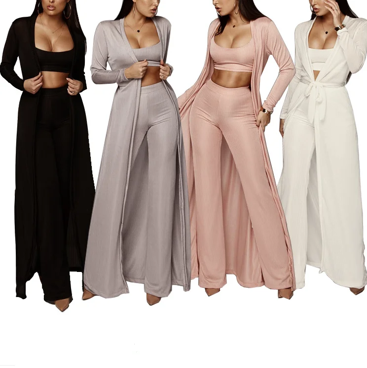 

Women Three 3 Piece Set Knitting Stretch Outfits Long Sleeve Cover Up Smock Ponchos Cloak+Broad leg Long pants+Tank Top Vest Tee