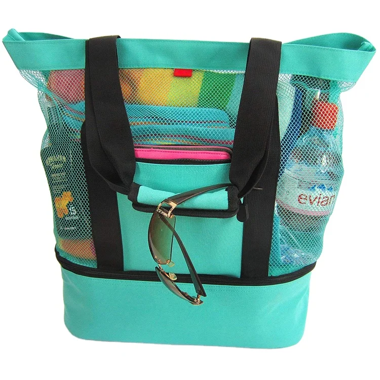 

Summer Black Clear Canvas Mesh Tote Beach Bag Thermal with Cooler Compartment, Green,customzied color