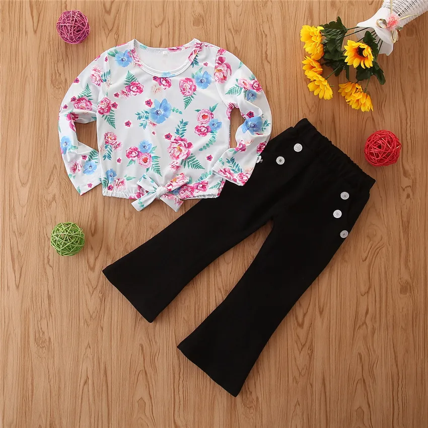 

Bulk Wholesale Kids Clothing 2 Pieces Ruffle Shirts Floral Icing Pants Children Outfits, Picture show