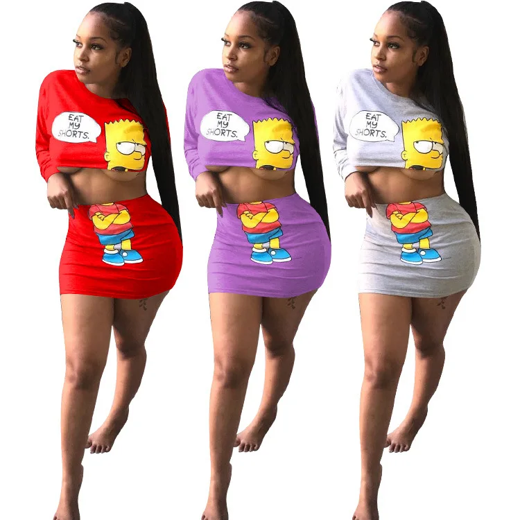 

2021 hot sell MG667 women fashion cartoon crop top and skirt clothing set