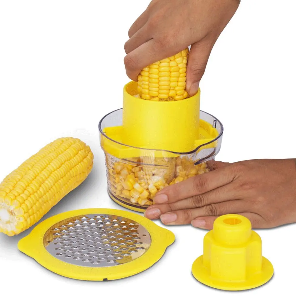 

4 In 1multifunction Cob Corn Stripper Kitchen Tools With Built-in Measuring Cup Grater Slicer Peeler Ginger Sharpener, Yellow